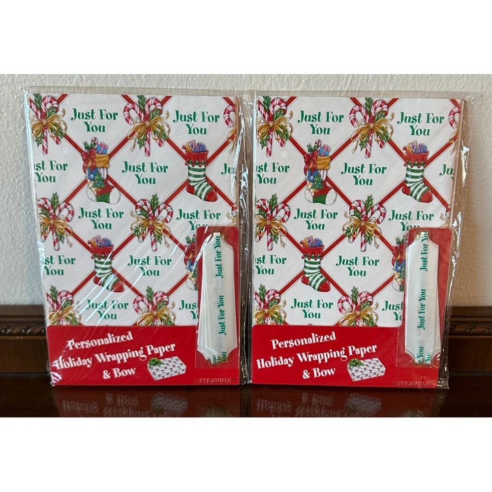 2 Just for You Personalized HOLIDAY Wrapping‎ Paper 26"x40" Pull Bow NOS VTG Y2K